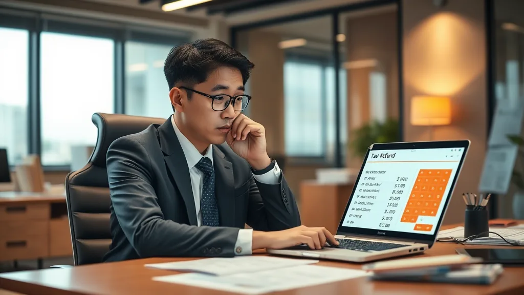 직장인이 노트북으로 세금 계산기를 보며 고민하는 모습