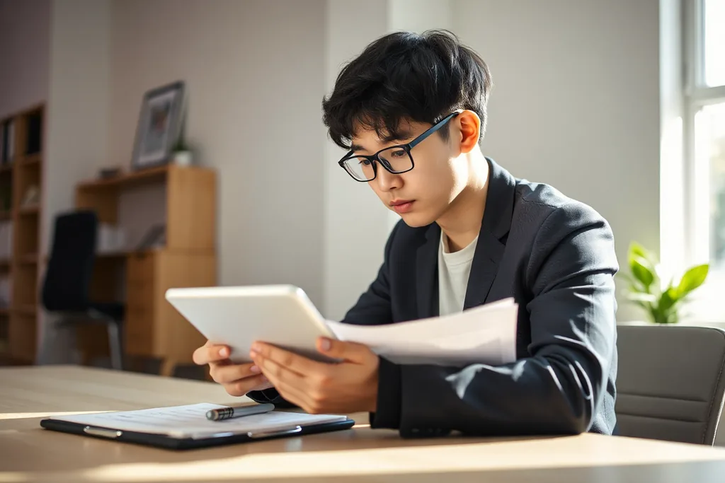 금융 계획을 세우는 청년 직장인의 모습