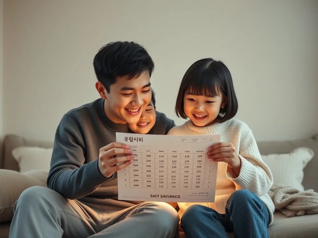 자녀와 함께 저축 차트를 보는 가족