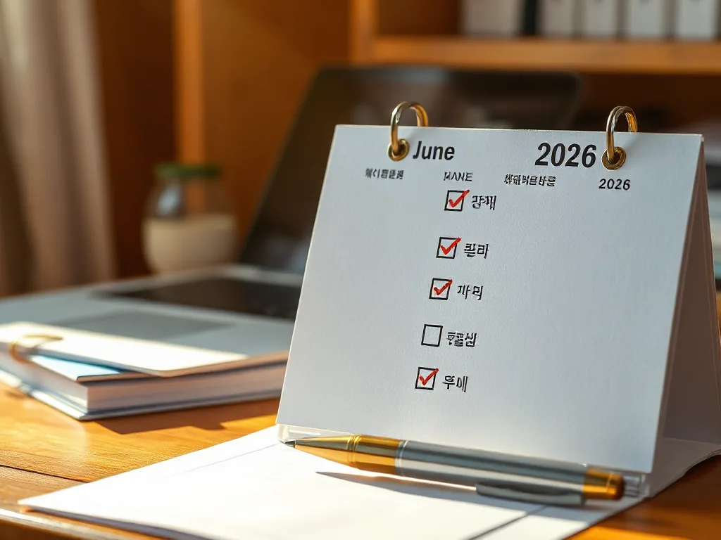 2026년 6월 달력과 체크리스트가 있는 책상