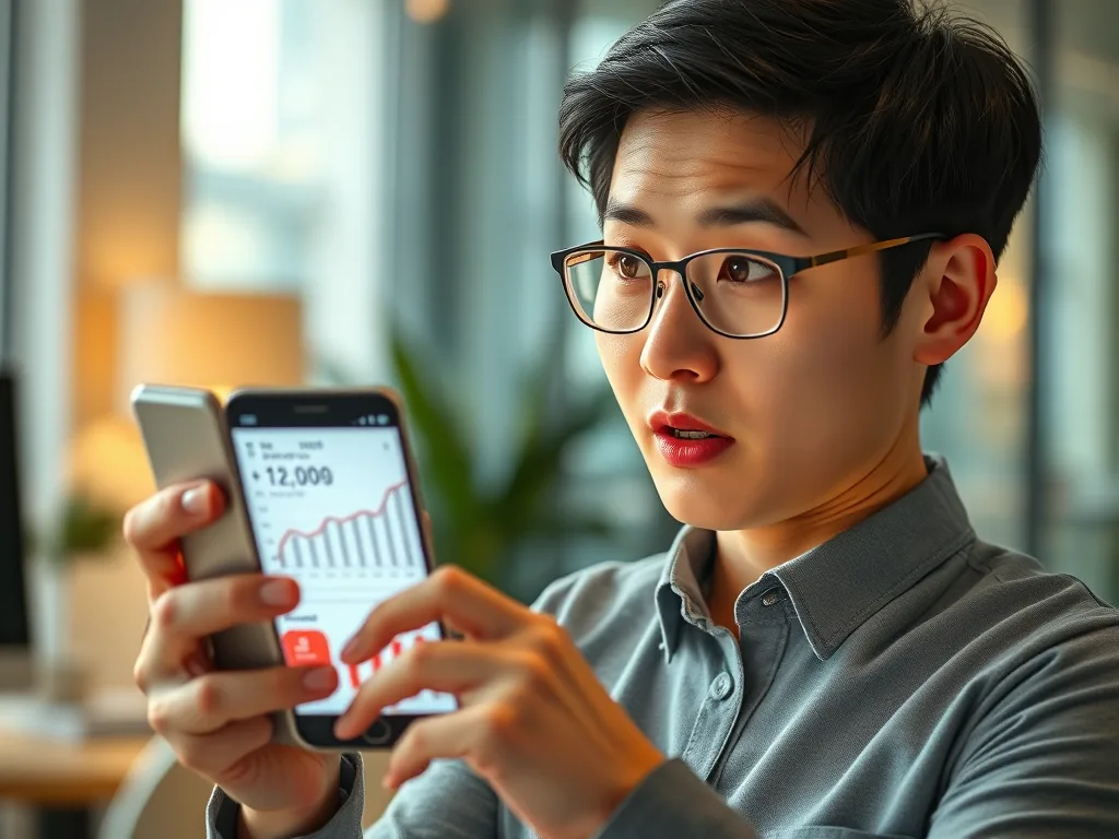 스마트폰에 놀란 표정의 직장인, 차트 반사광