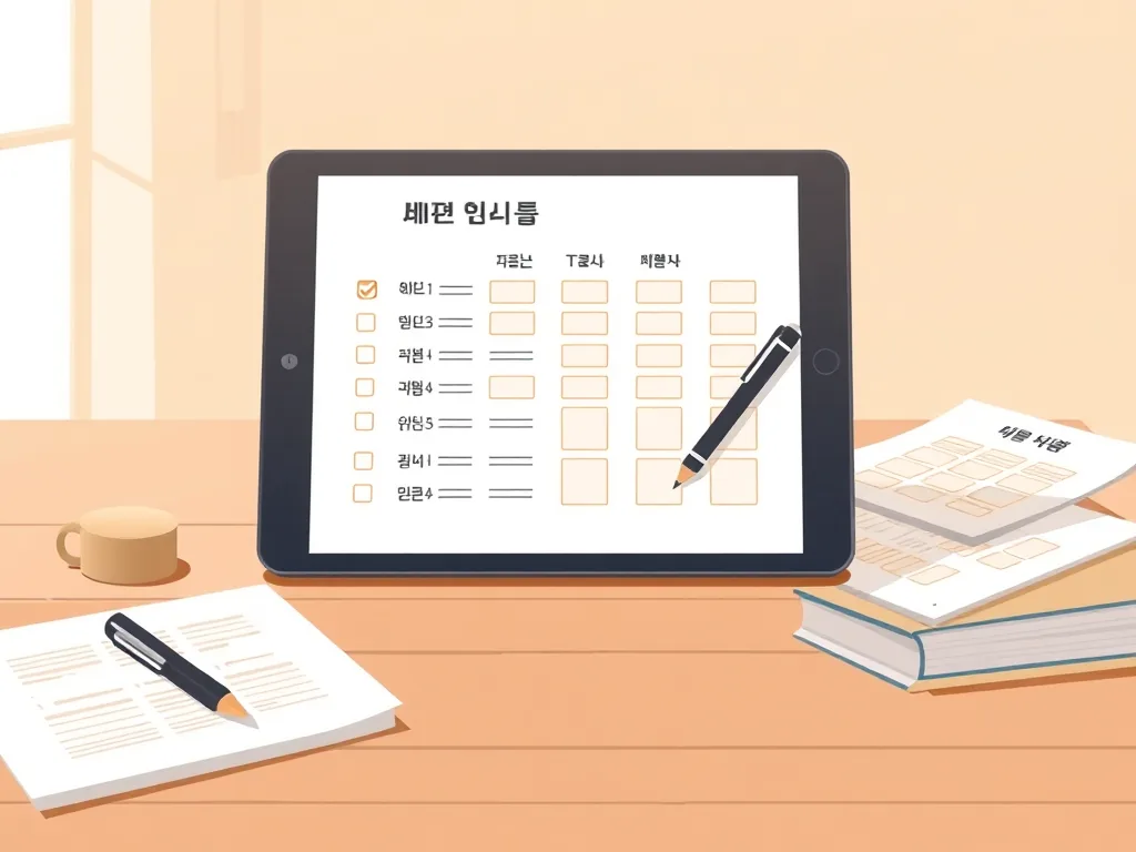 태블릿 화면에 세금 신고 체크리스트와 서류가 놓인 일러스트