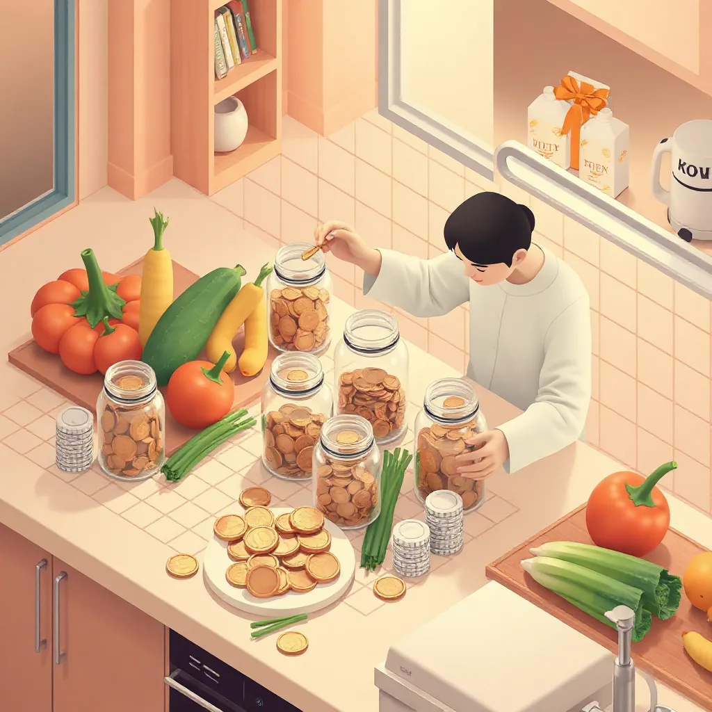 한 달 예산을 코인 항아리에 나누는 모습을 그린 아이소메트릭 일러스트