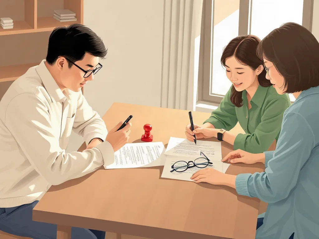 가족이 상속 서류를 함께 검토하는 모습, 도장과 안경이 놓인 탁자