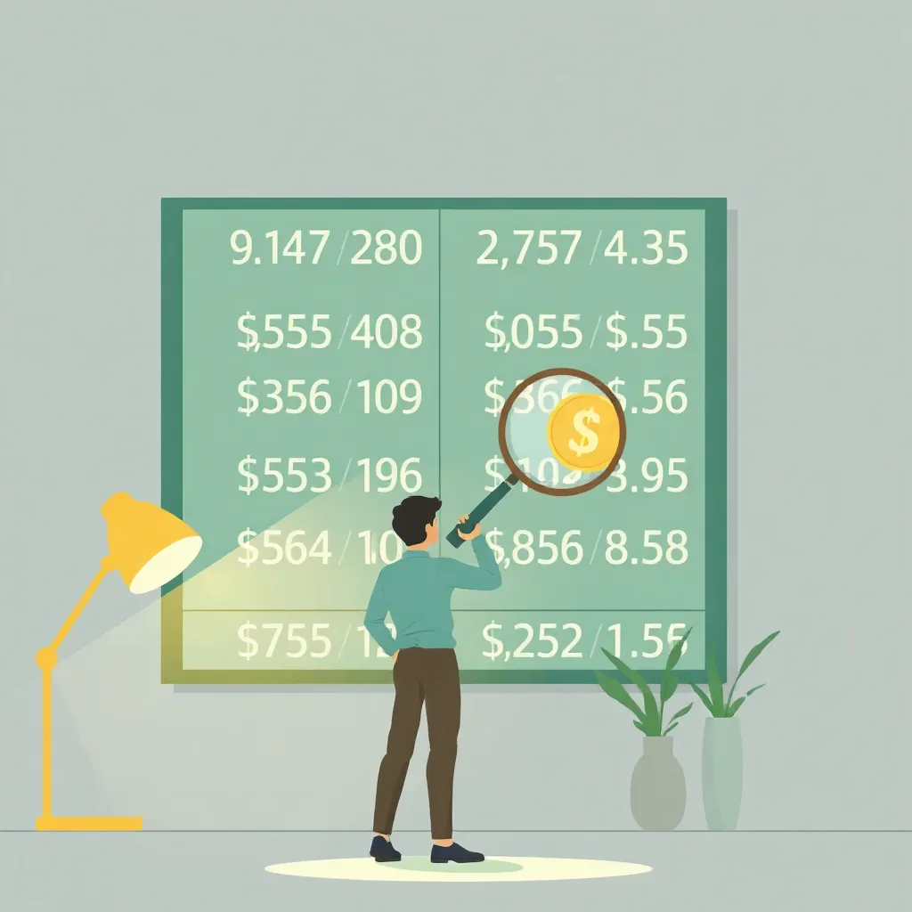 a person with a magnifying glass standing in front of an exchange rate chart, studying a coin and numbers, warm desk lamp light, flat gentle illustration, soft green and gray tones, no text