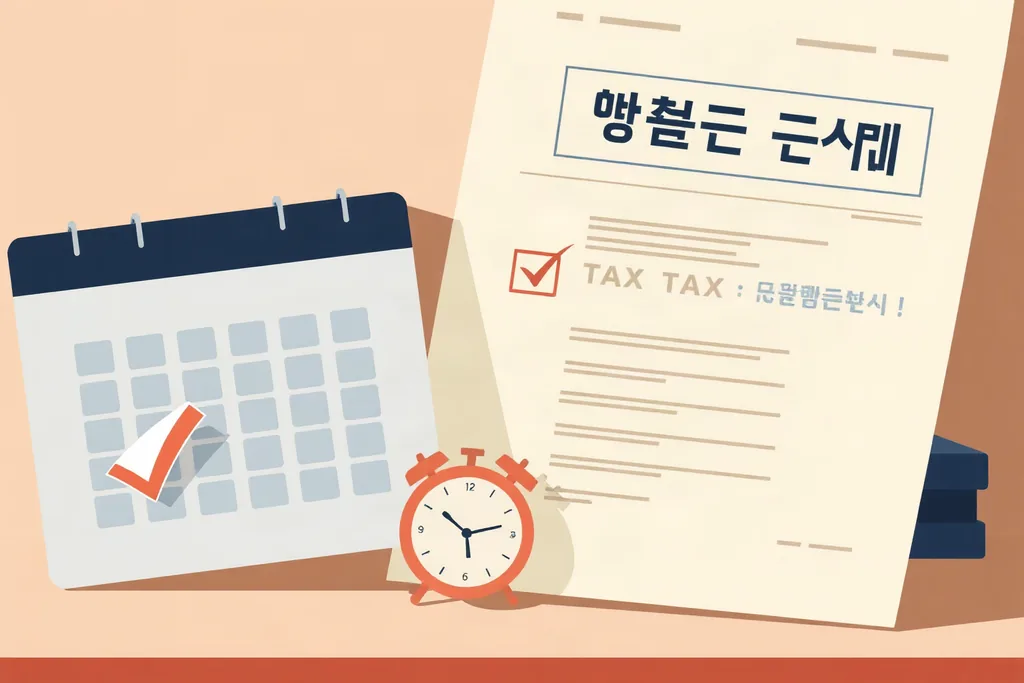 달력 체크 표시와 신고서 옆 시계가 있는 책상 일러스트