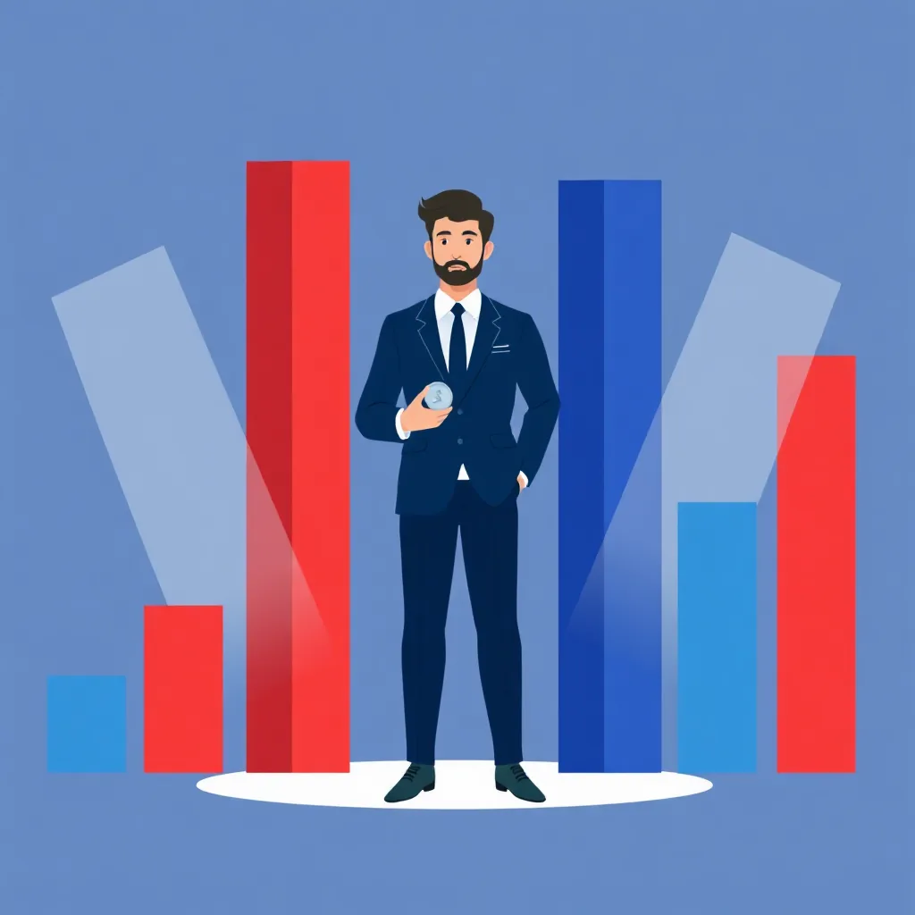 a dark-haired investor standing between a red bar graph and a blue bar graph, holding a coin, modern office lighting, minimal flat illustration, navy and red tones, no text