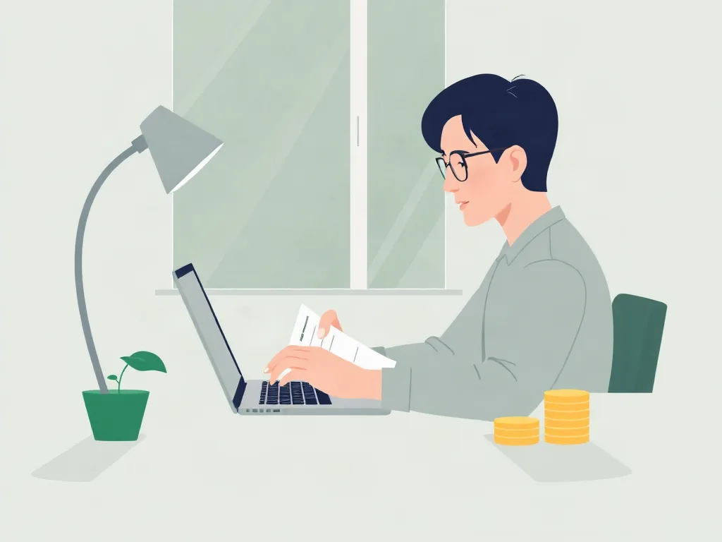 노트북으로 세무 서류를 확인하는 모습 일러스트