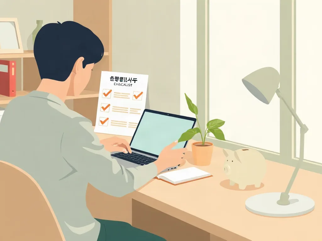 노트북으로 신청 자격을 확인하는 사람과 저금통 미니멀 일러스트