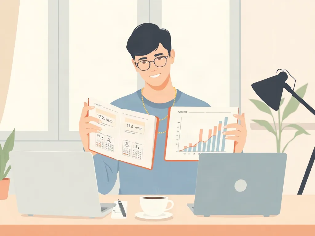 두 노트북의 거래 기록과 경비율 차트를 비교하는 프리랜서 일러스트