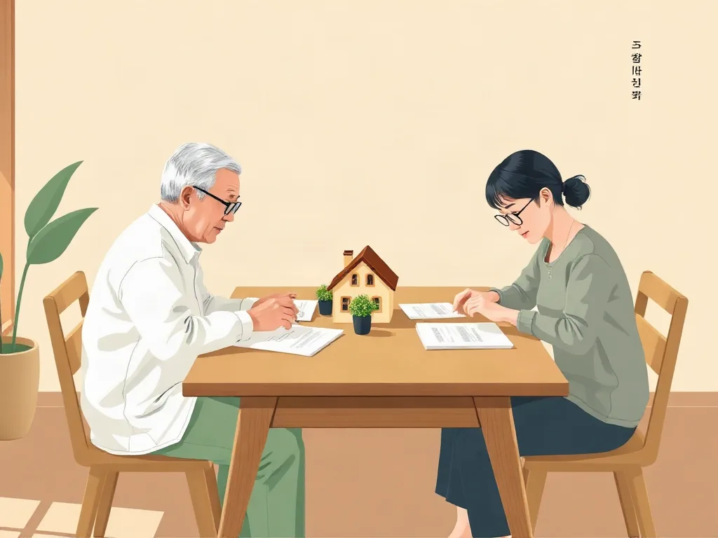 가족이 함께 상속 서류를 정리하는 장면 일러스트