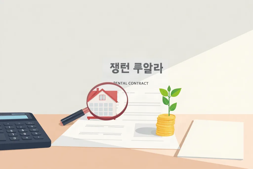 임대차계약서와 달력, 계산기, 동전 더미로 월세 세액공제 계산을 표현한 일러스트