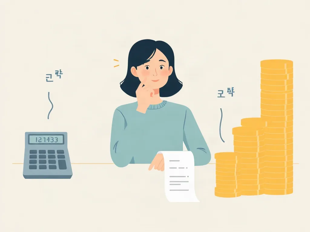 계산기와 영수증 앞에서 세금을 계산하는 사람의 일러스트