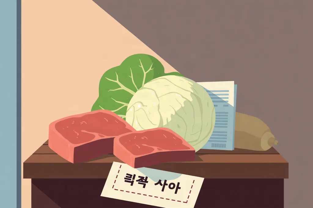 배추와 쇠고기, 전기요금 고지서가 놓인 시장 진열대