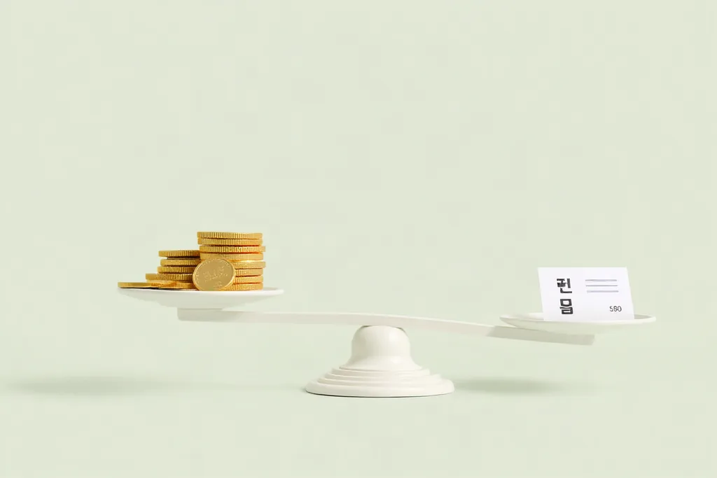 한쪽엔 동전 더미, 다른 쪽엔 내려가는 차트를 얹은 저울, 세금 영수증 카드가 옆에 놓인 균형 일러스트