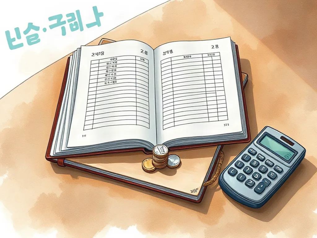 장부와 동전, 계산기가 놓인 탁자의 수채화 일러스트