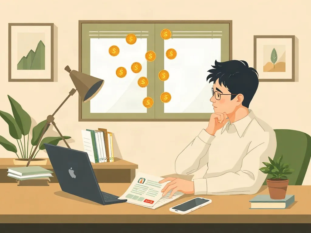 배당 서류와 코인을 살펴보는 투자자 일러스트