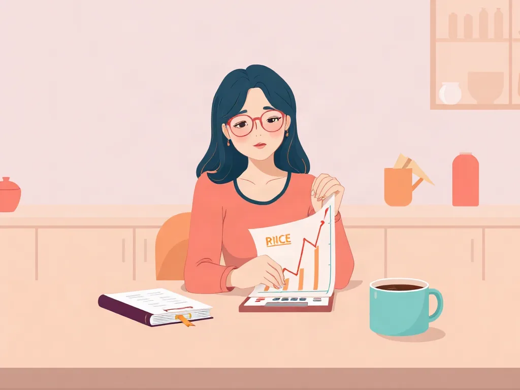 부쩍 오른 가격표와 통장을 비교하는 사람 일러스트