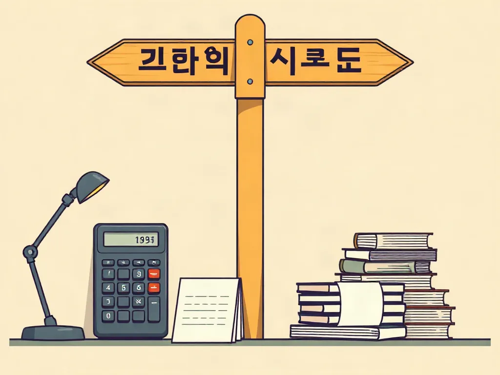 장부와 경비율 두 갈림길을 상징하는 계산기와 영수증 비교 일러스트