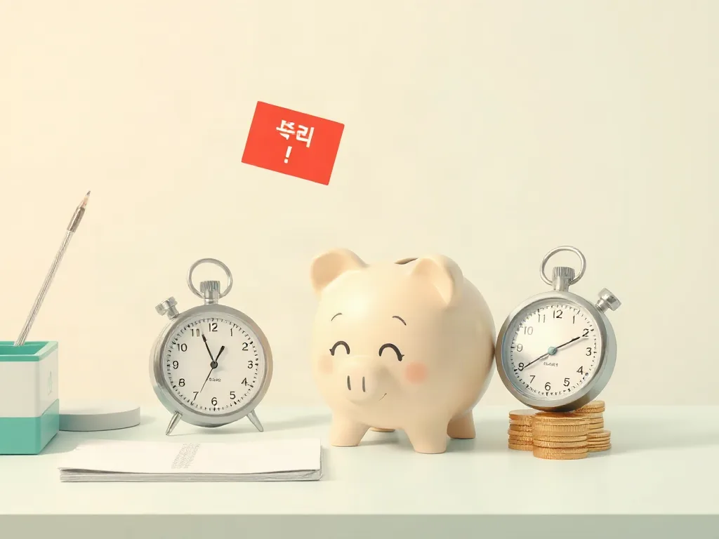 연금저축 중도인출 세금, 스톱워치와 동전이 놓인 저금통 위에 경고 태그가 떠 있는 일러스트