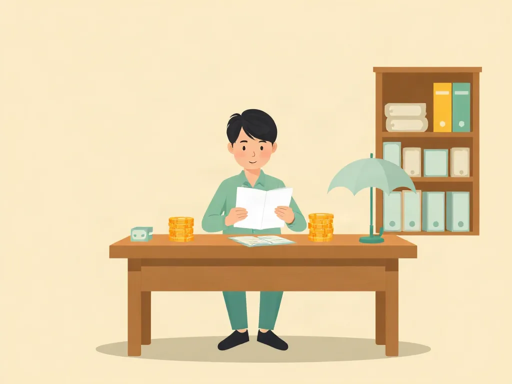 통장과 동전, 작은 우산이 있는 책상 일러스트