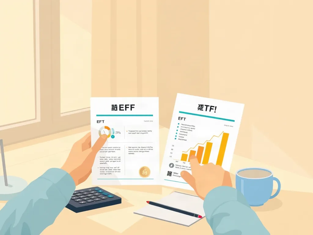 ETF 상품설명서 두 장을 비교하며 코인 아이콘을 살펴보는 사람의 일러스트
